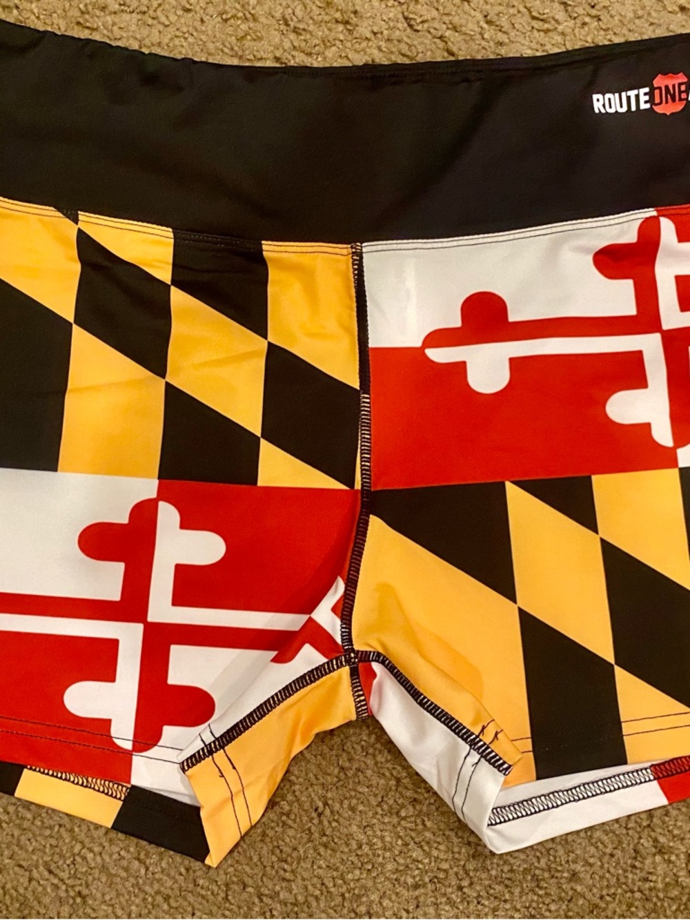 Route One Apparel Women’s Maryland Flag Athletic Spandex Shorts. NWOT
